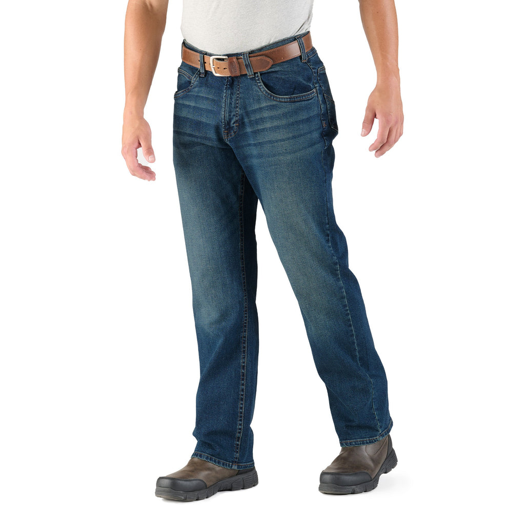 Front view of relaxed fit bootcut denim jeans