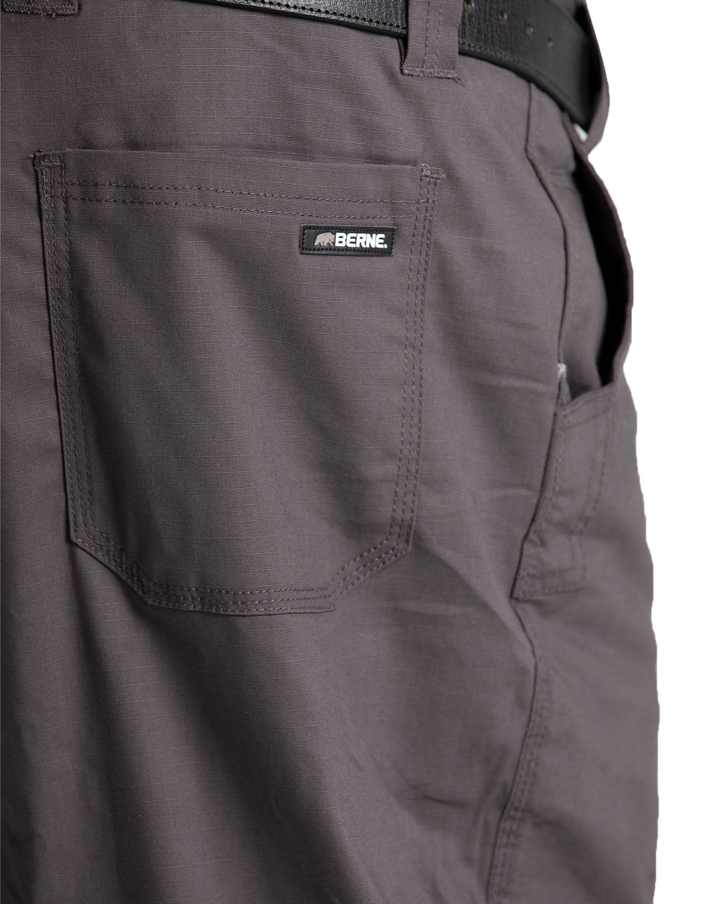 Close detail of slate ripstop straight leg work trousers