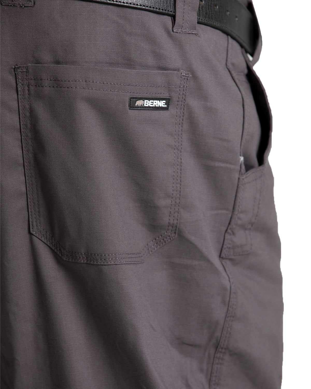 Close detail of slate ripstop straight leg work trousers
