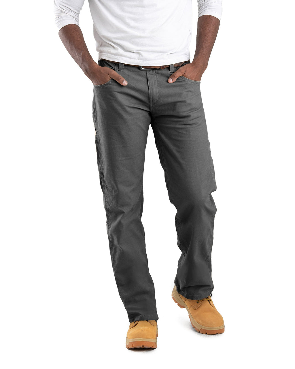 Front view of slate duck carpenter trousers