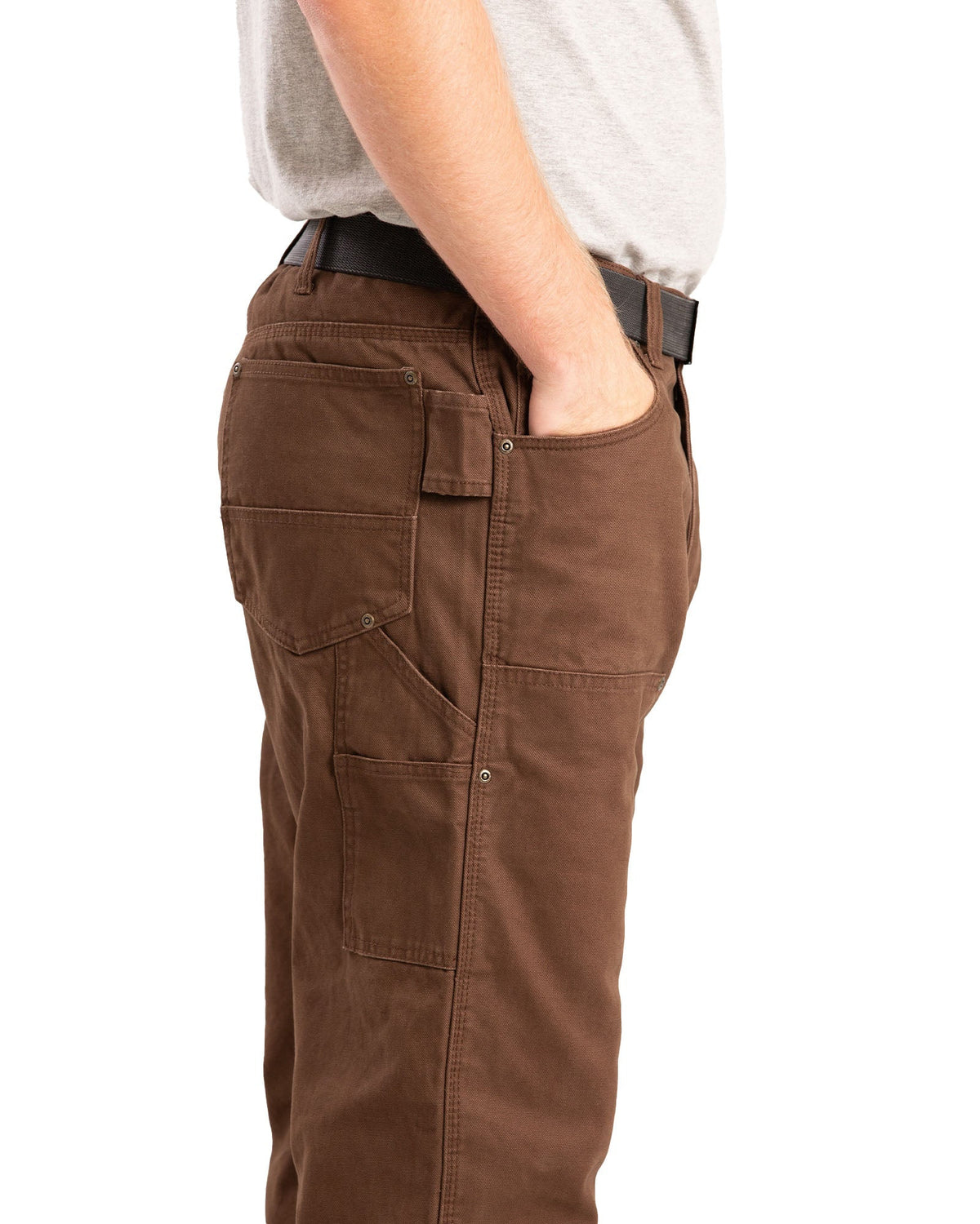 Close detail of double front duck work trousers