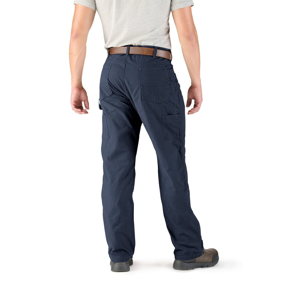 Back view of navy washed duck carpenter trousers, alternate shot
