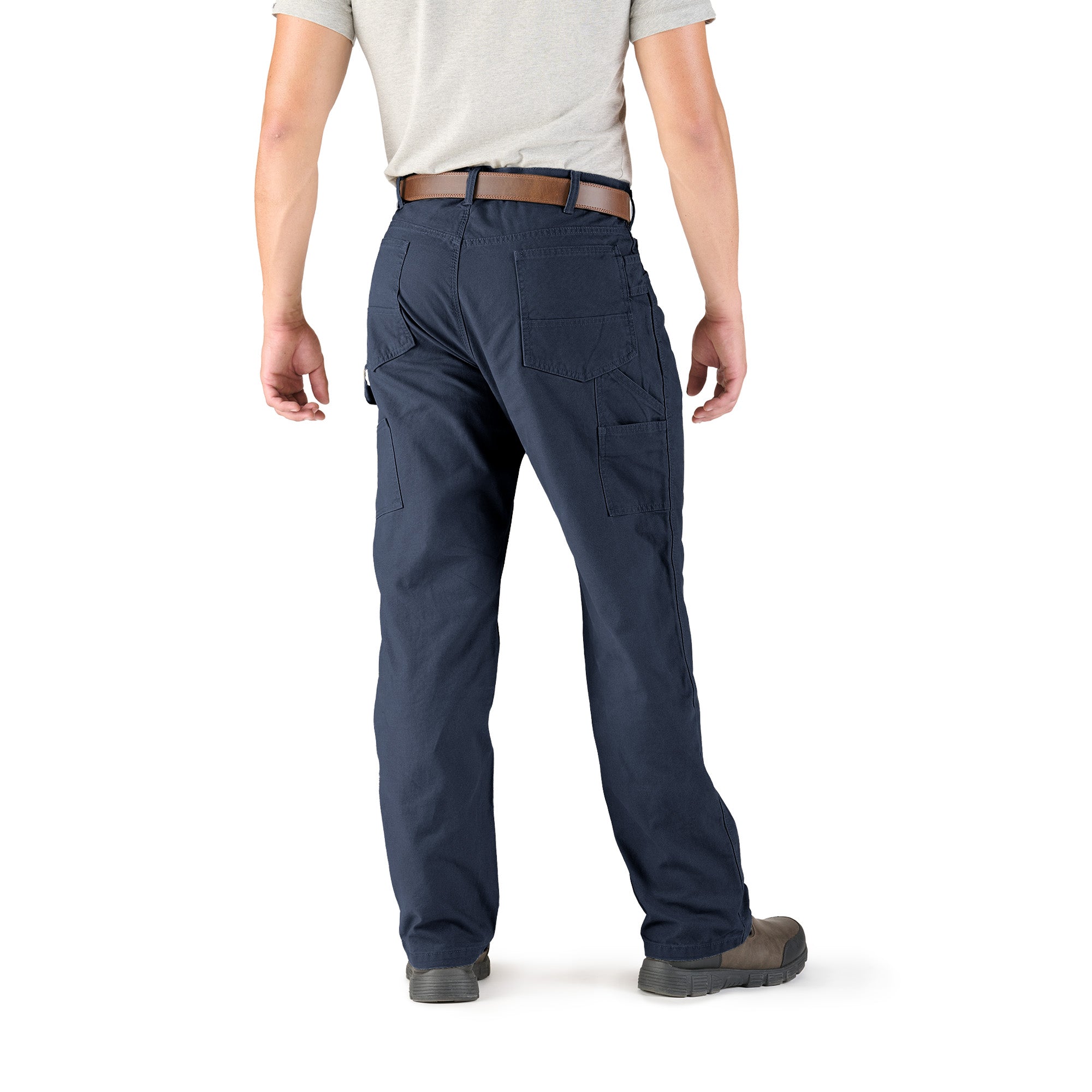 Back view of navy washed duck carpenter trousers, alternate shot