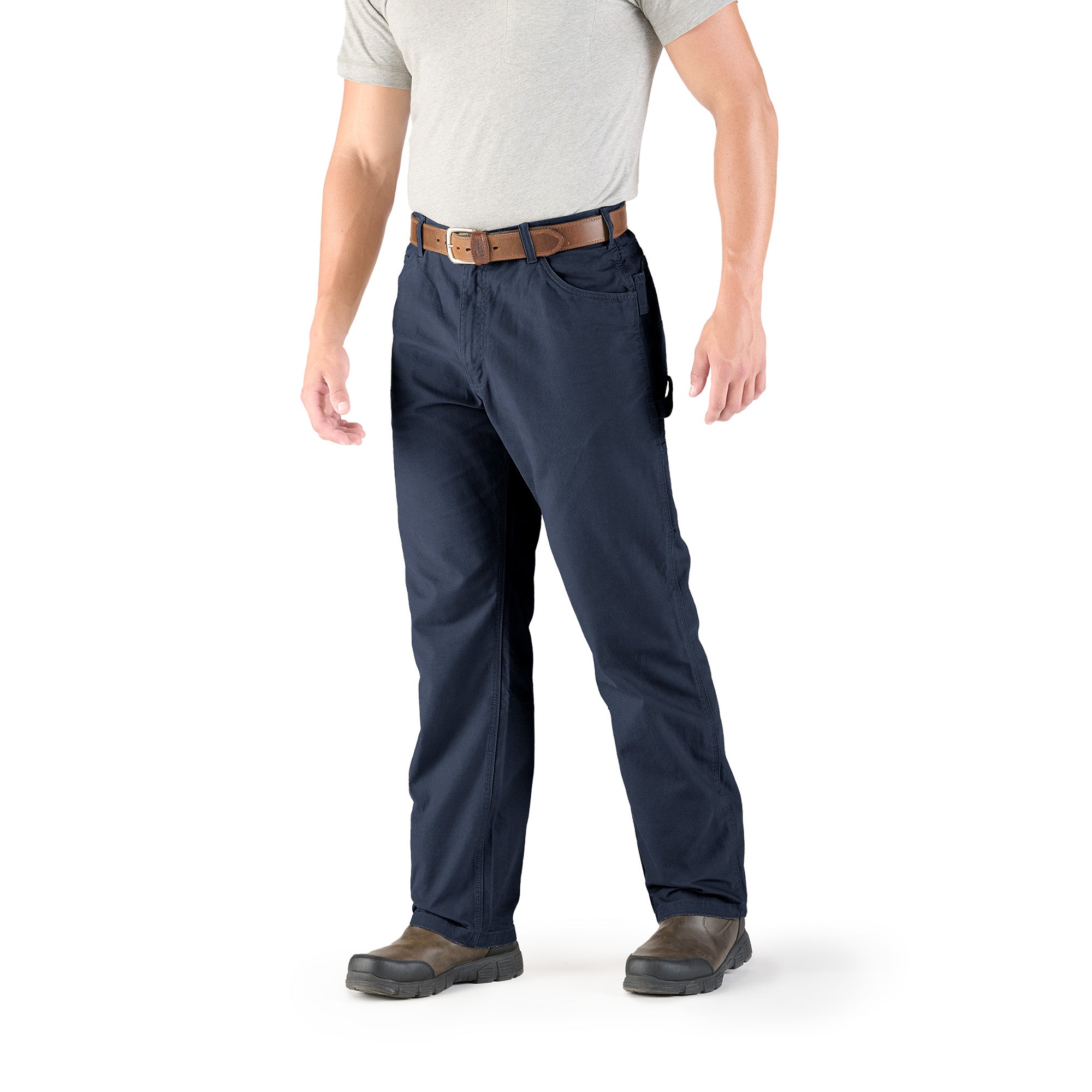 Front view of navy washed duck carpenter trousers, alternate shot