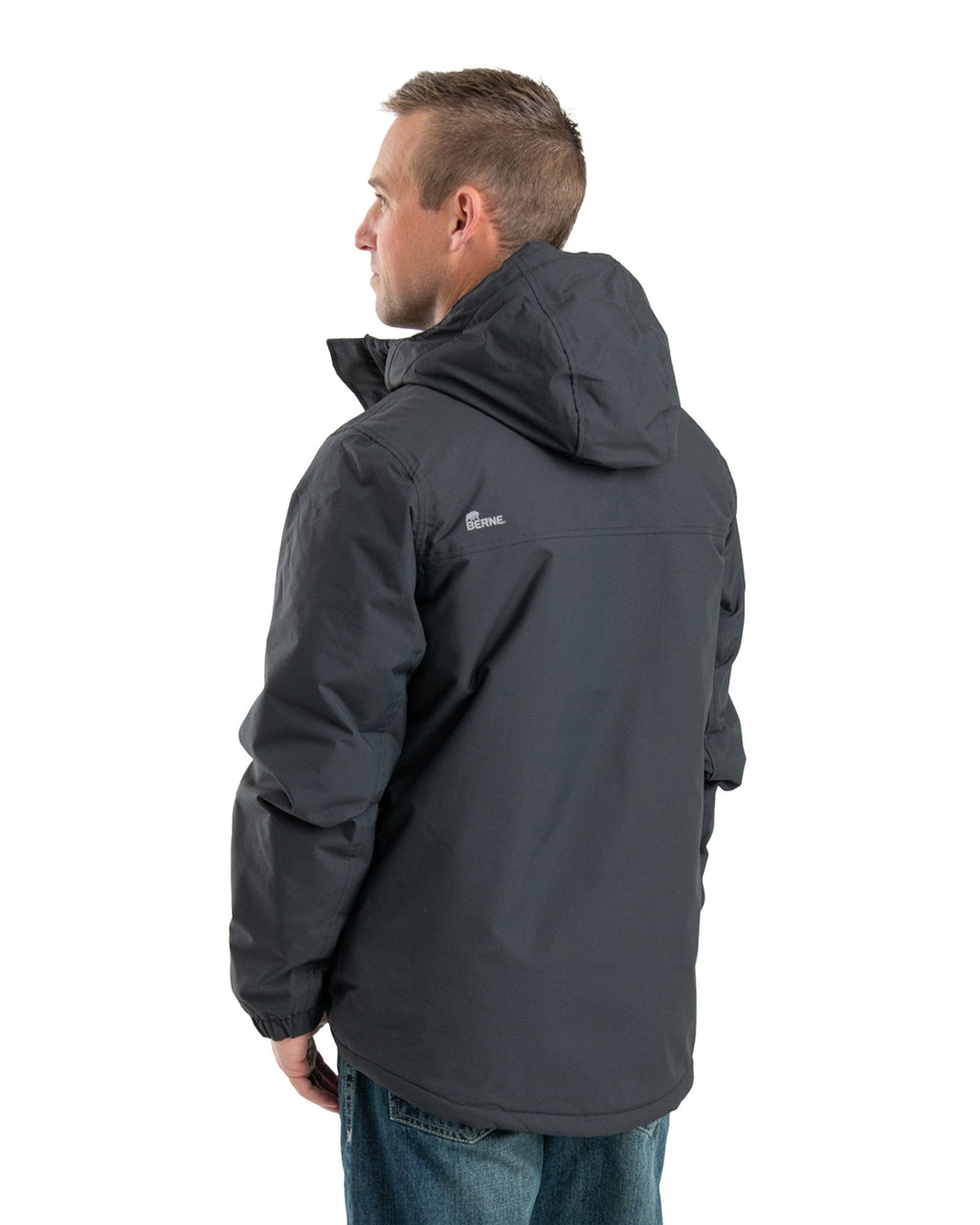 Back view of black waterproof insulated jacket