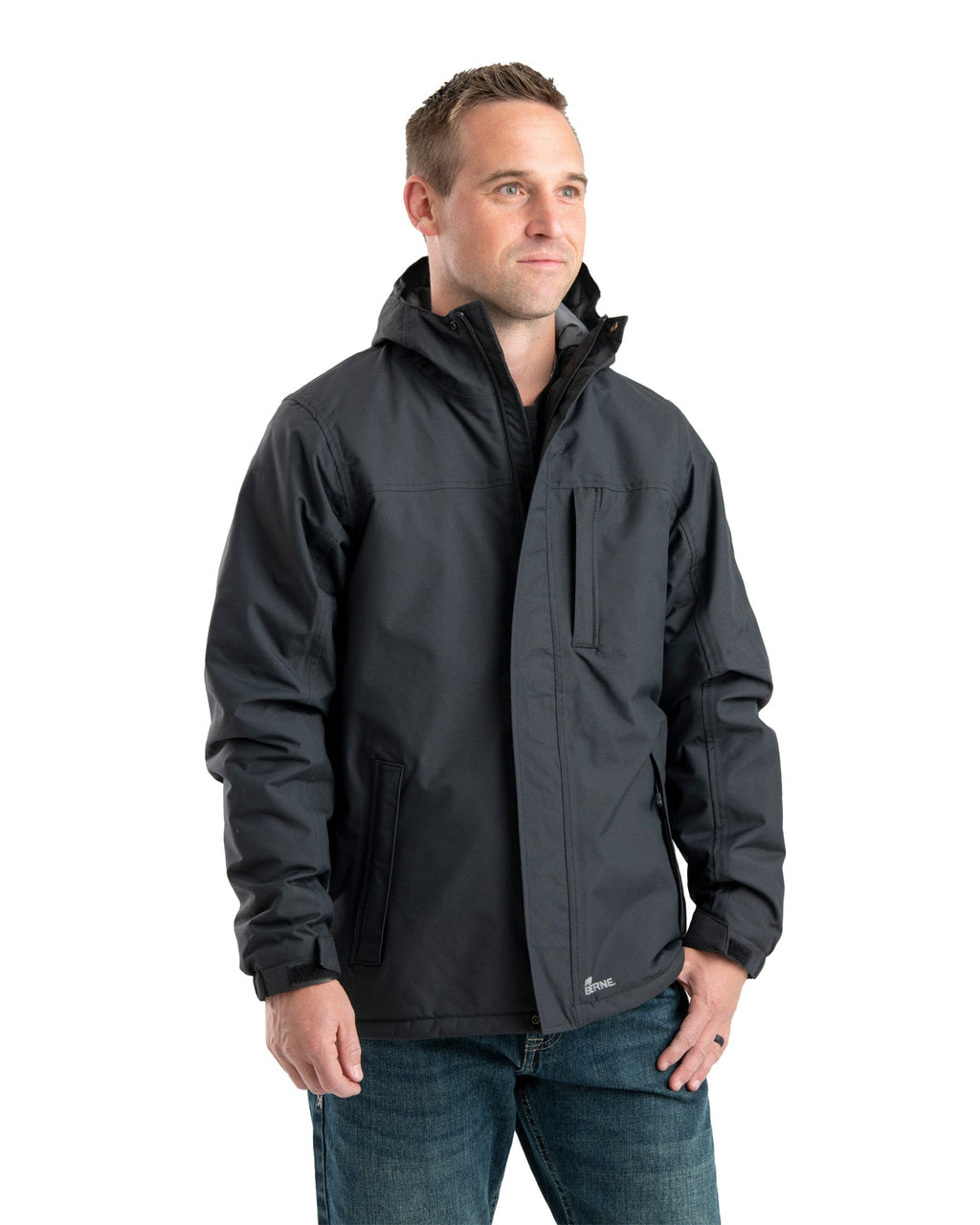 Close detail of black waterproof insulated jacket