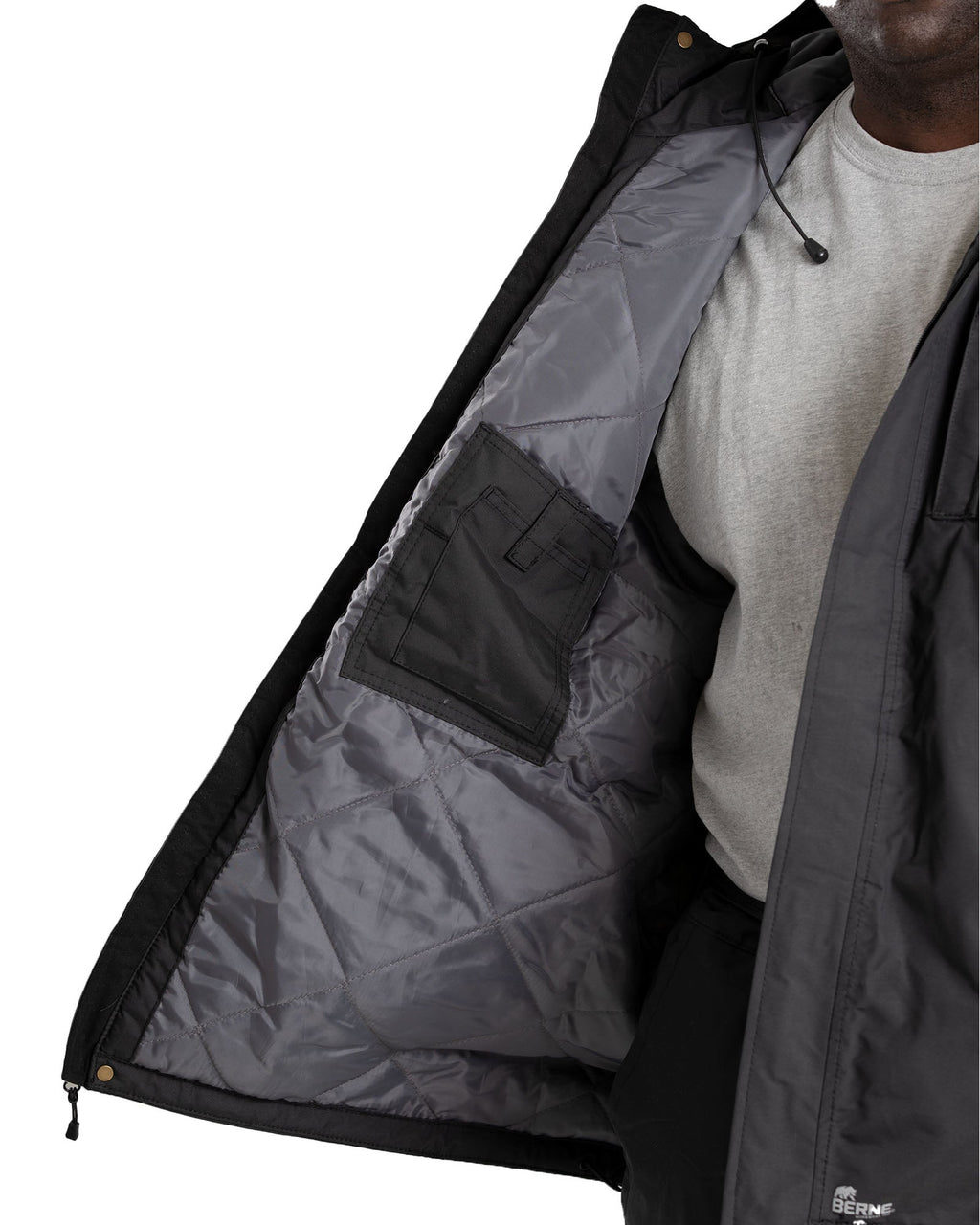 Close detail of black waterproof insulated jacket, alternate shot