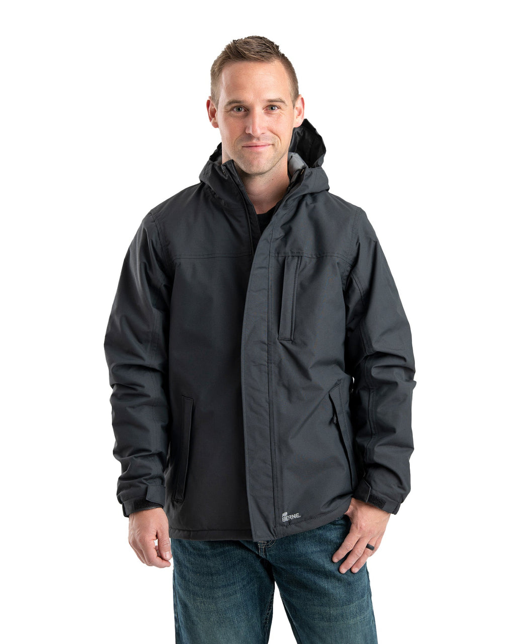 Front view of black waterproof insulated jacket