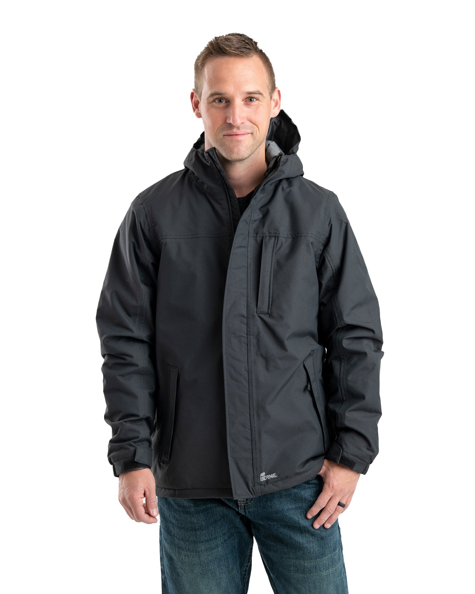 Front view of black waterproof insulated jacket