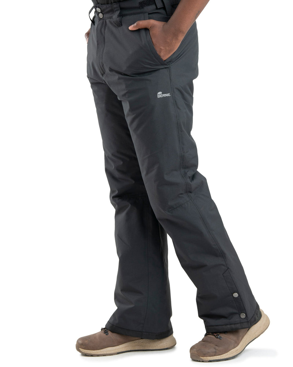 Close detail of black waterproof insulated work trousers