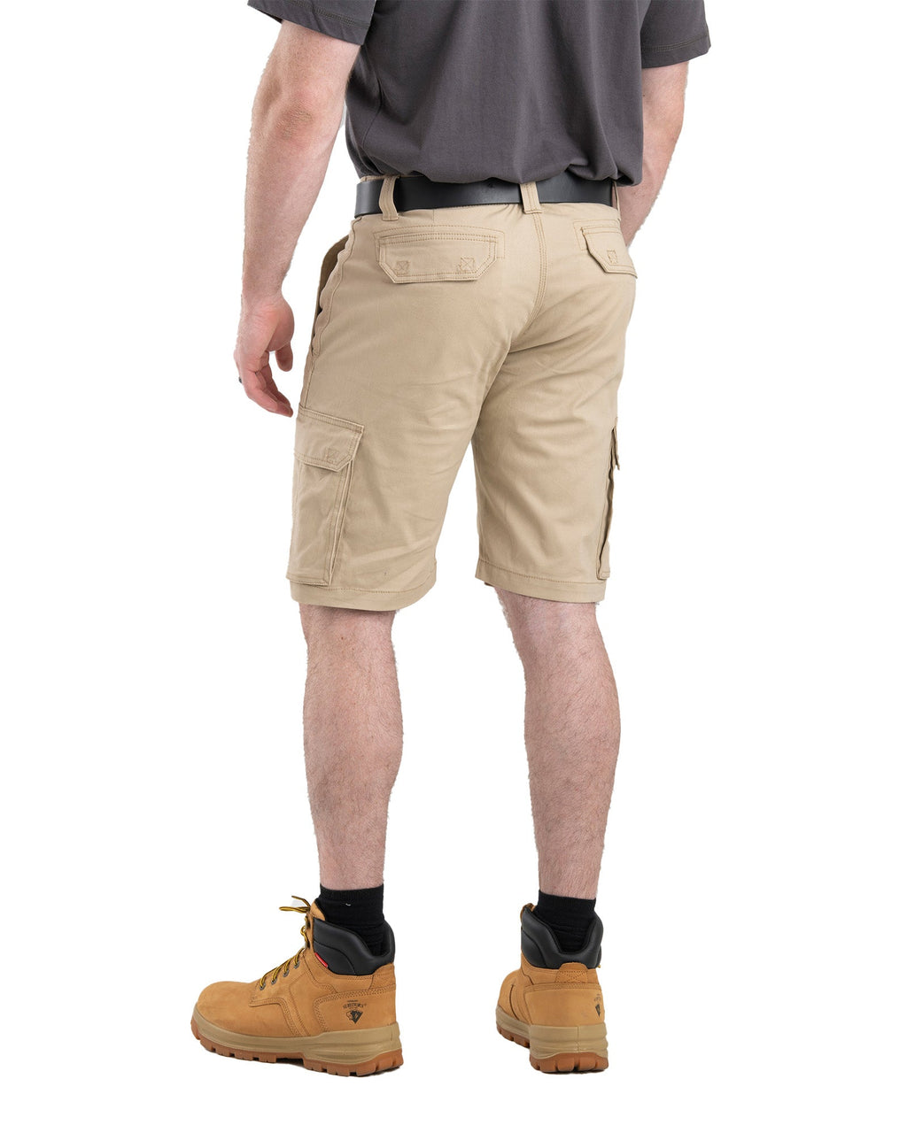 Back view of twill work shorts with cargo pockets
