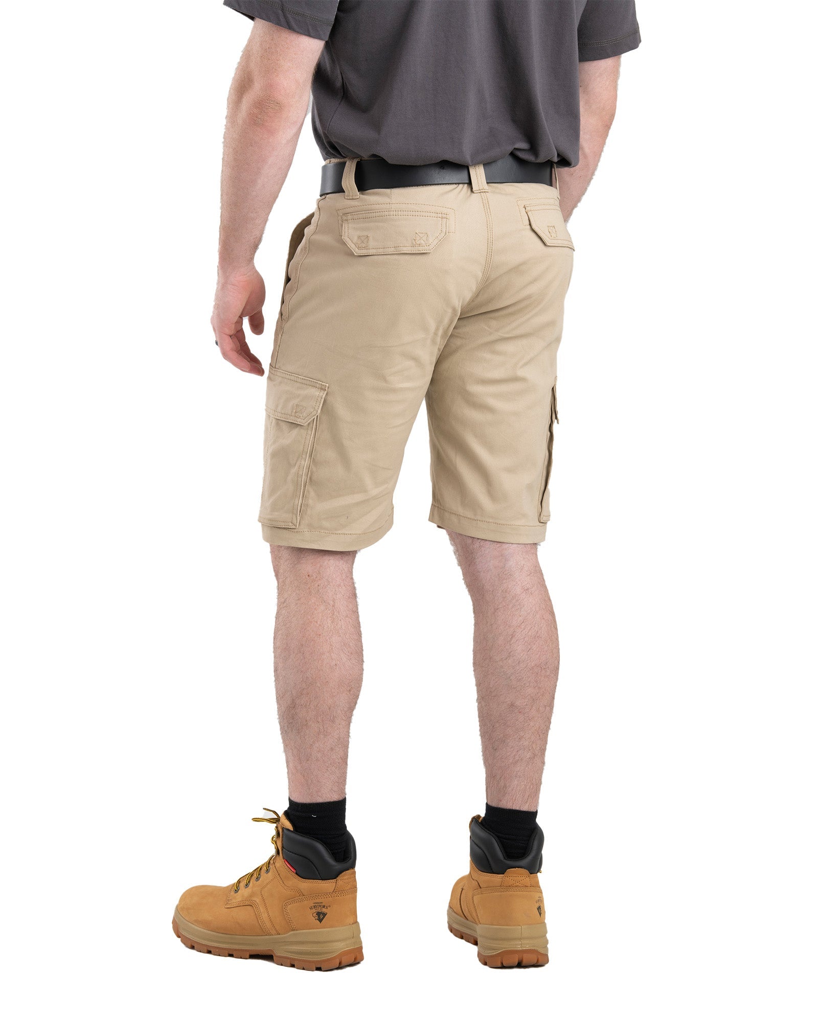 Back view of twill work shorts with cargo pockets