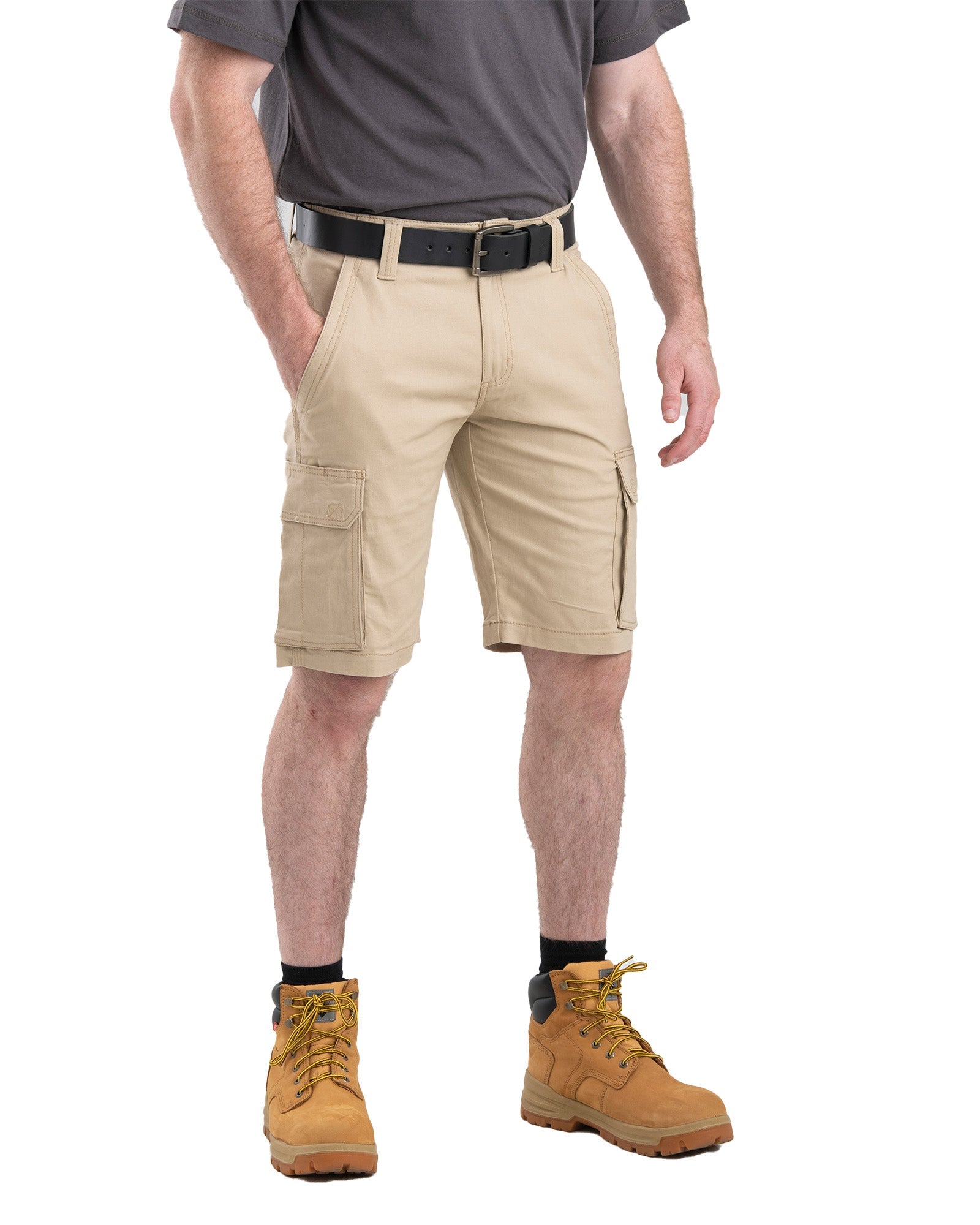 Front view of twill work shorts with cargo pockets