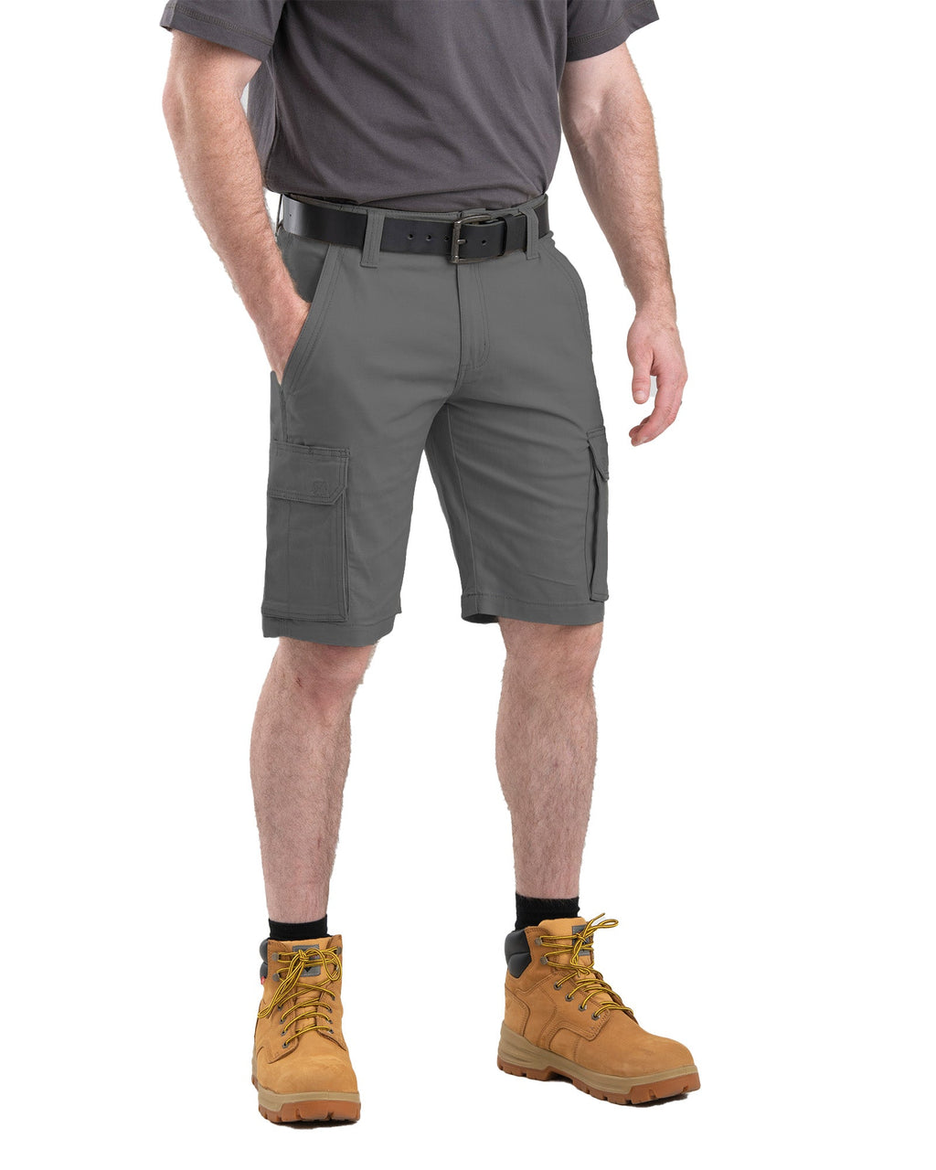 Front view of twill work shorts with cargo pockets, alternate shot