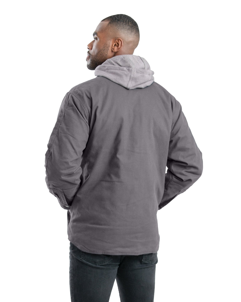 Back view of grey hooded duck shirt jacket