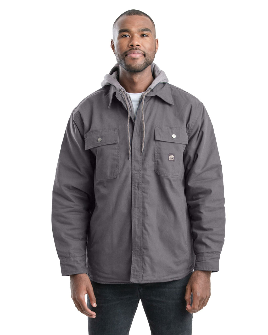 Front view of grey hooded duck shirt jacket
