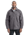 Front view of grey hooded duck shirt jacket
