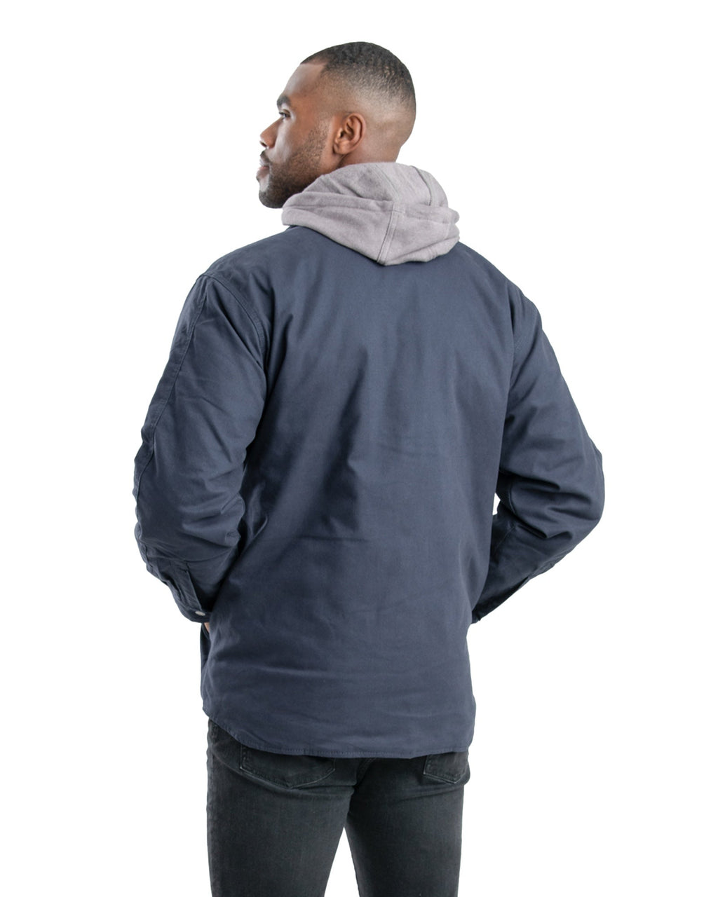Back view of grey hooded duck shirt jacket, alternate shot