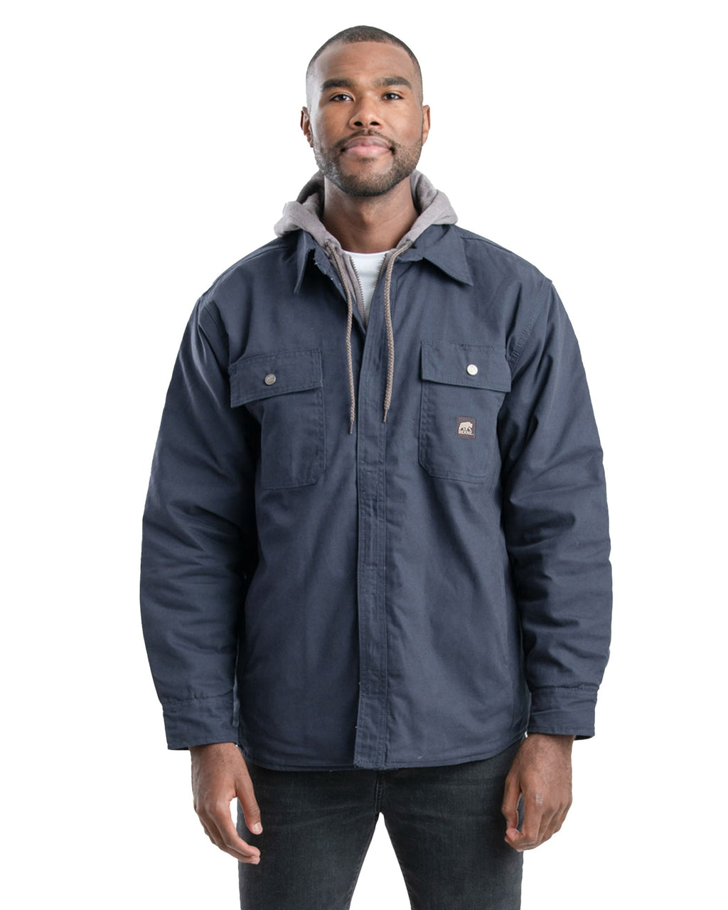 Front view of grey hooded duck shirt jacket, alternate shot