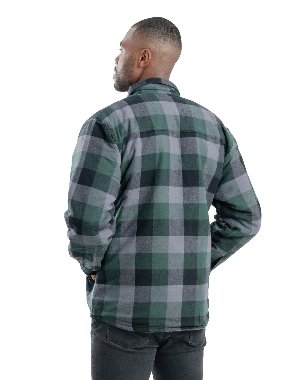 Back view of green plaid insulated flannel shirt jacket