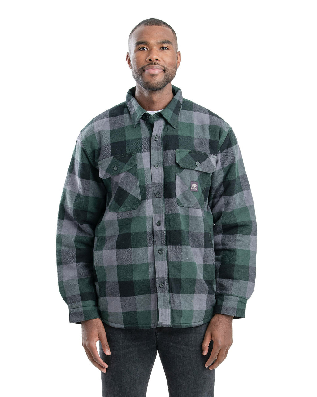 Front view of green plaid insulated flannel shirt jacket