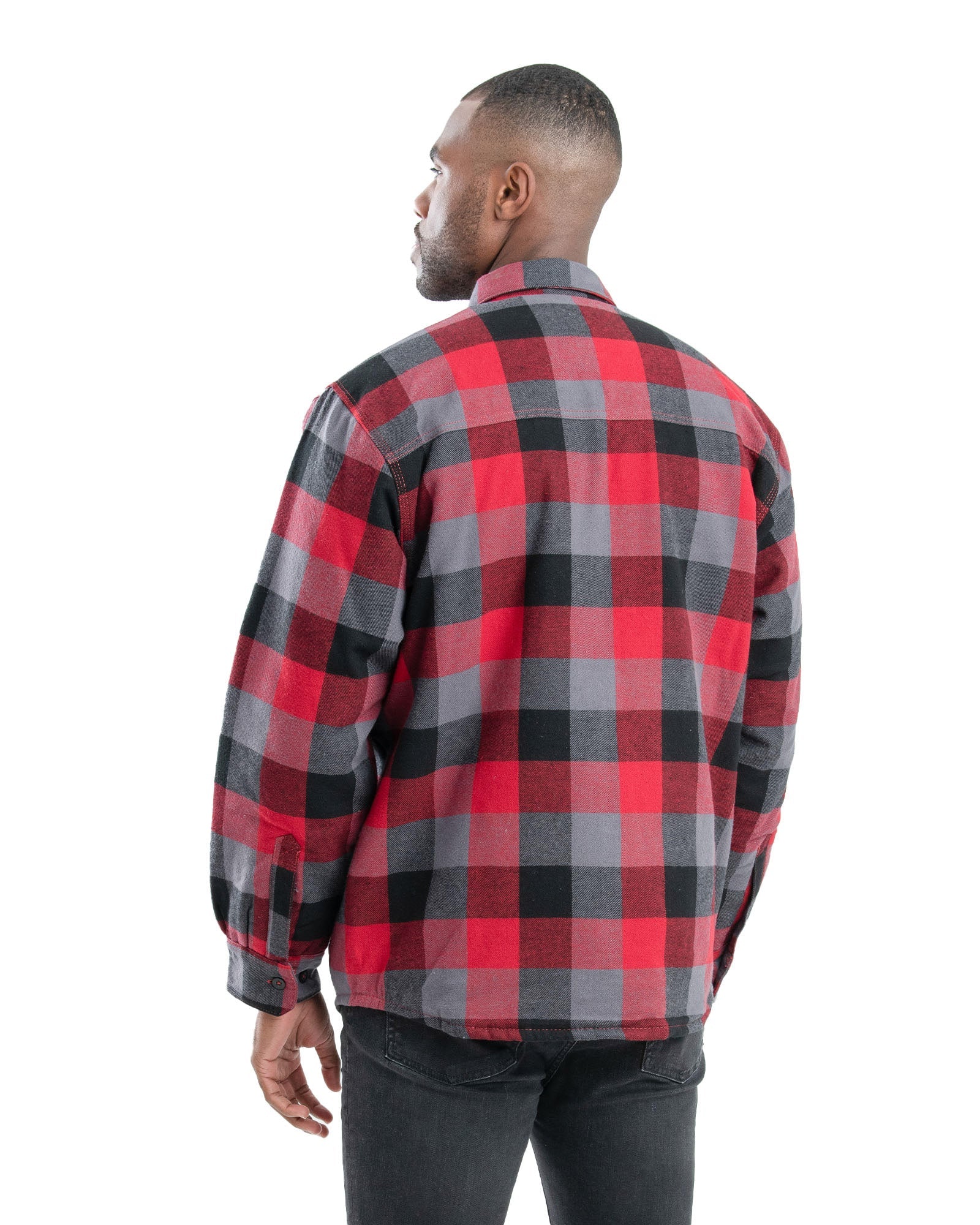 Back view of green plaid insulated flannel shirt jacket, alternate shot