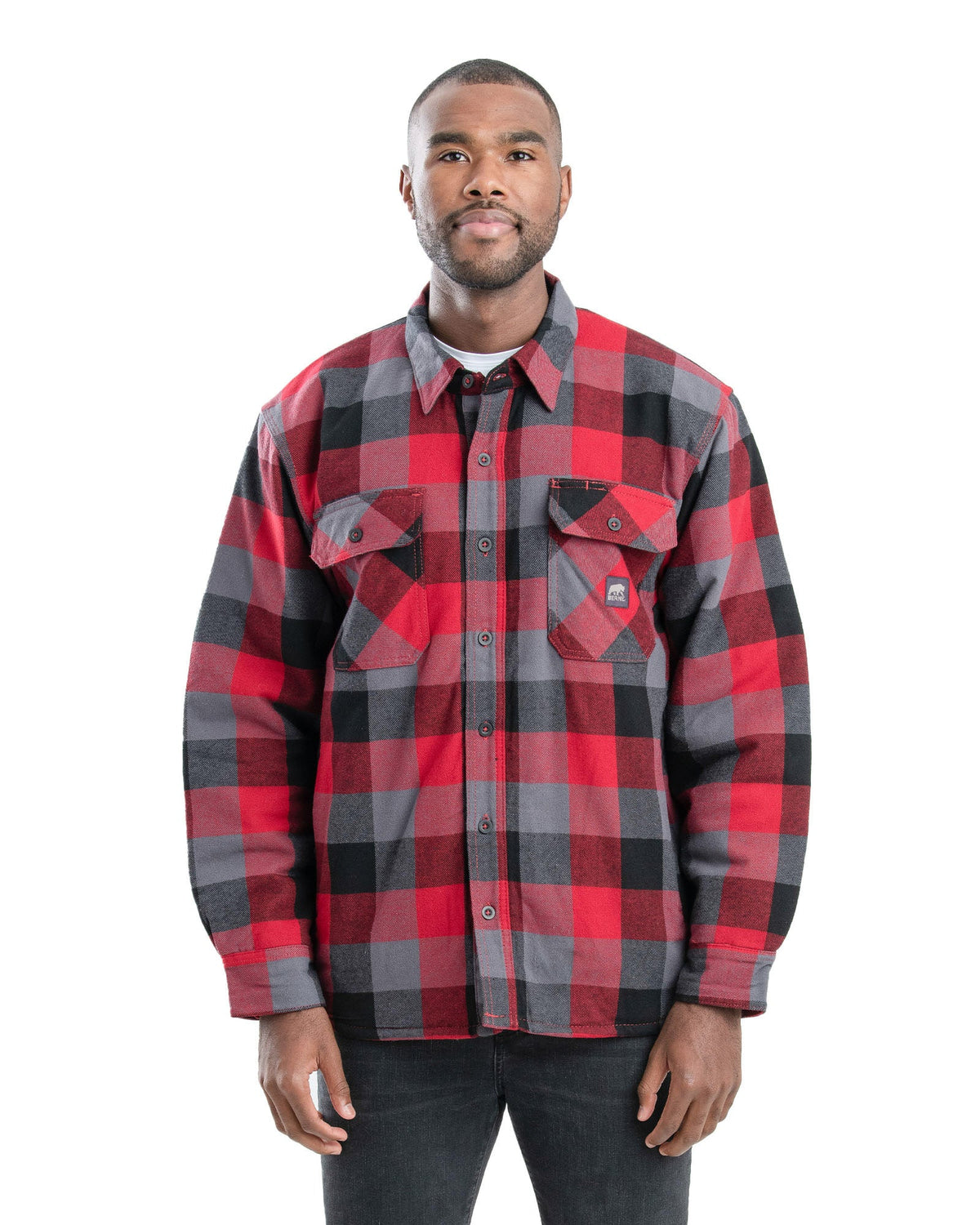 Front view of green plaid insulated flannel shirt jacket, alternate shot