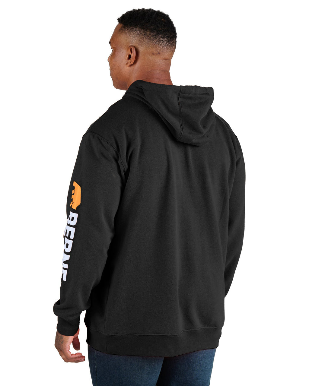 Back view of black fleece hooded pullover