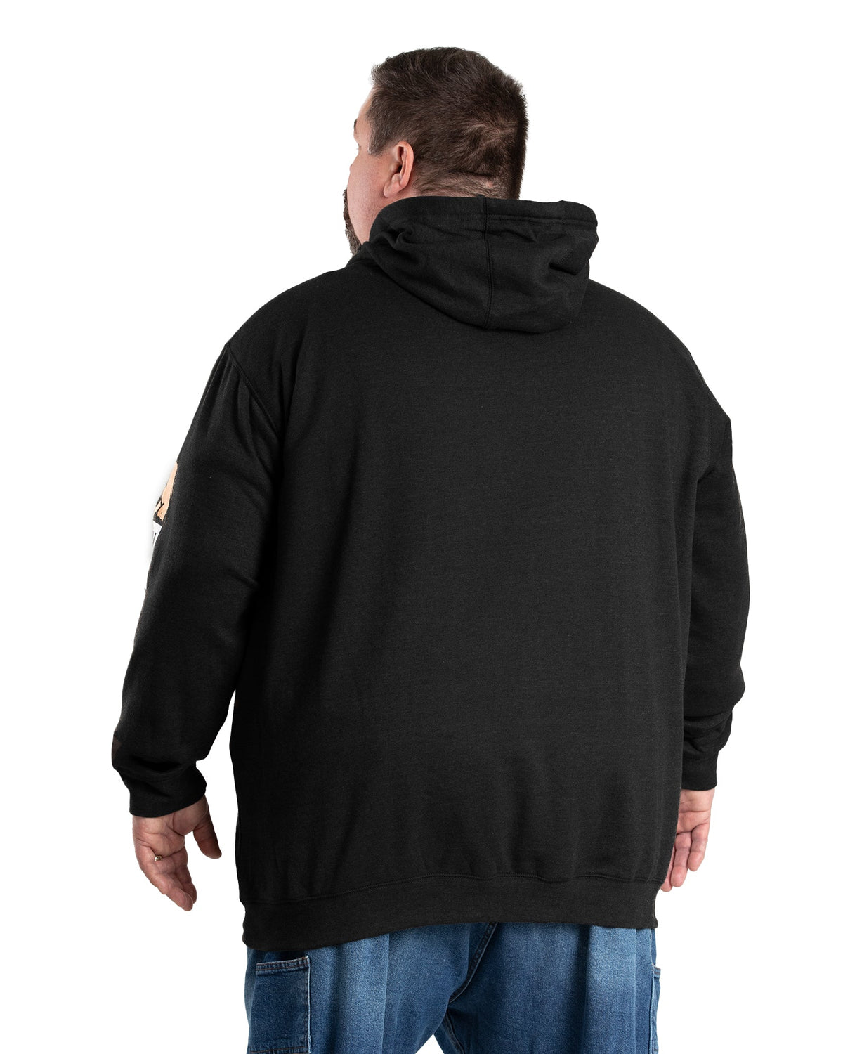 Back view of black fleece hooded pullover, alternate shot