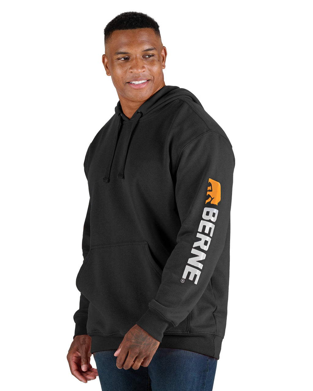 Front view of black fleece hooded pullover