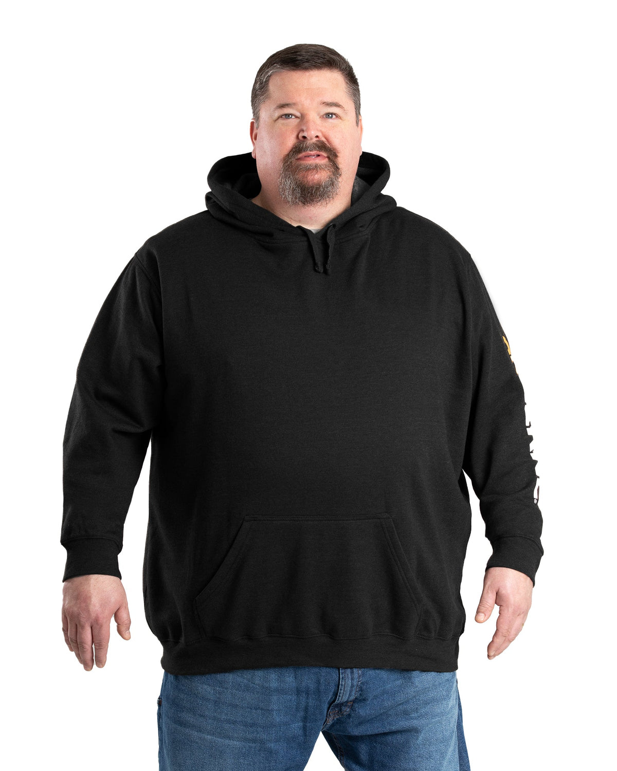 Front view of black fleece hooded pullover, alternate shot