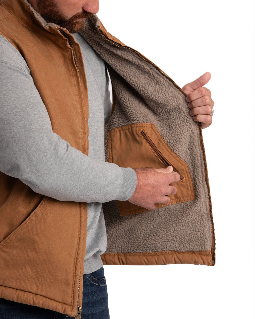 Close detail of sherpa lined washed duck vest