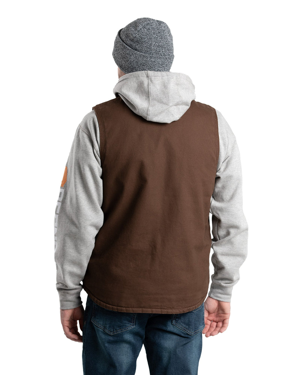 Back view of v neck sherpa lined duck vest