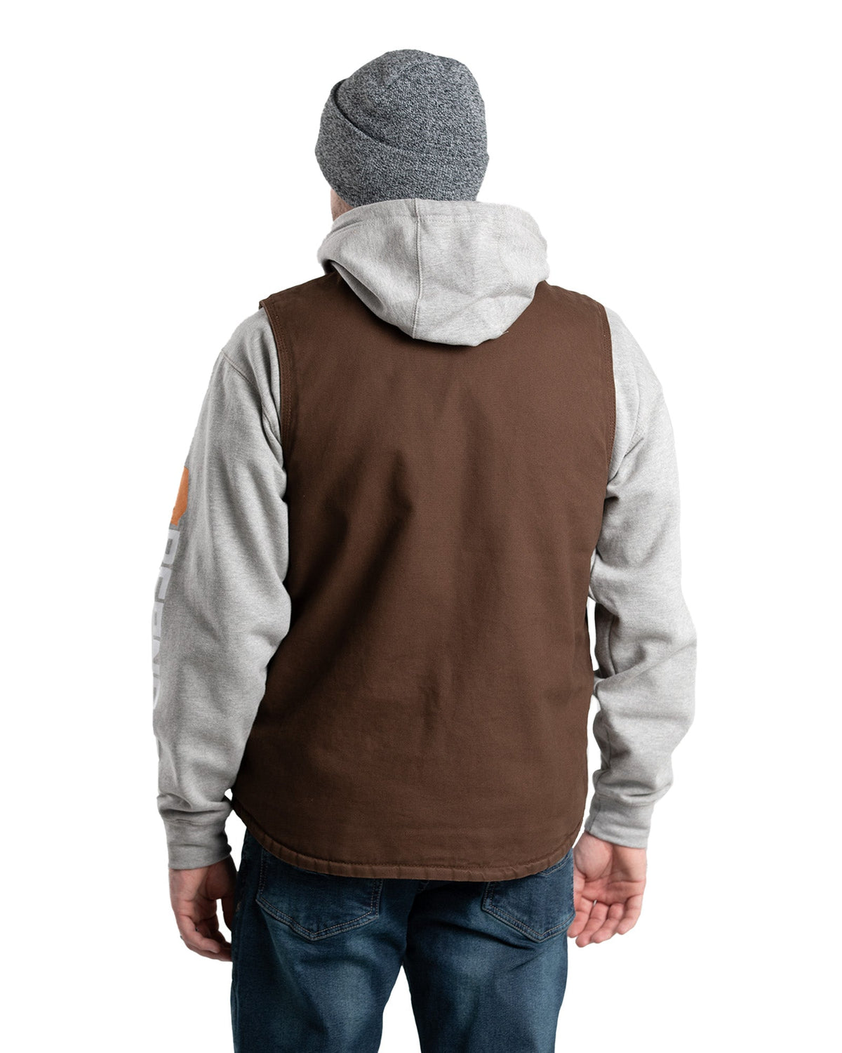 Back view of v neck sherpa lined duck vest