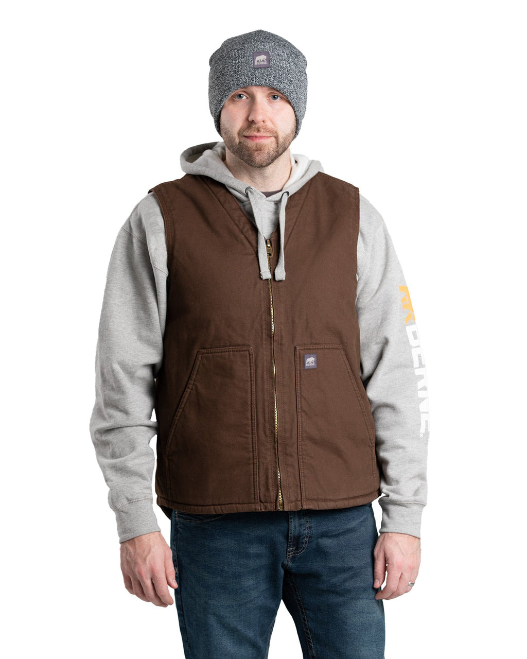 Front view of v neck sherpa lined duck vest