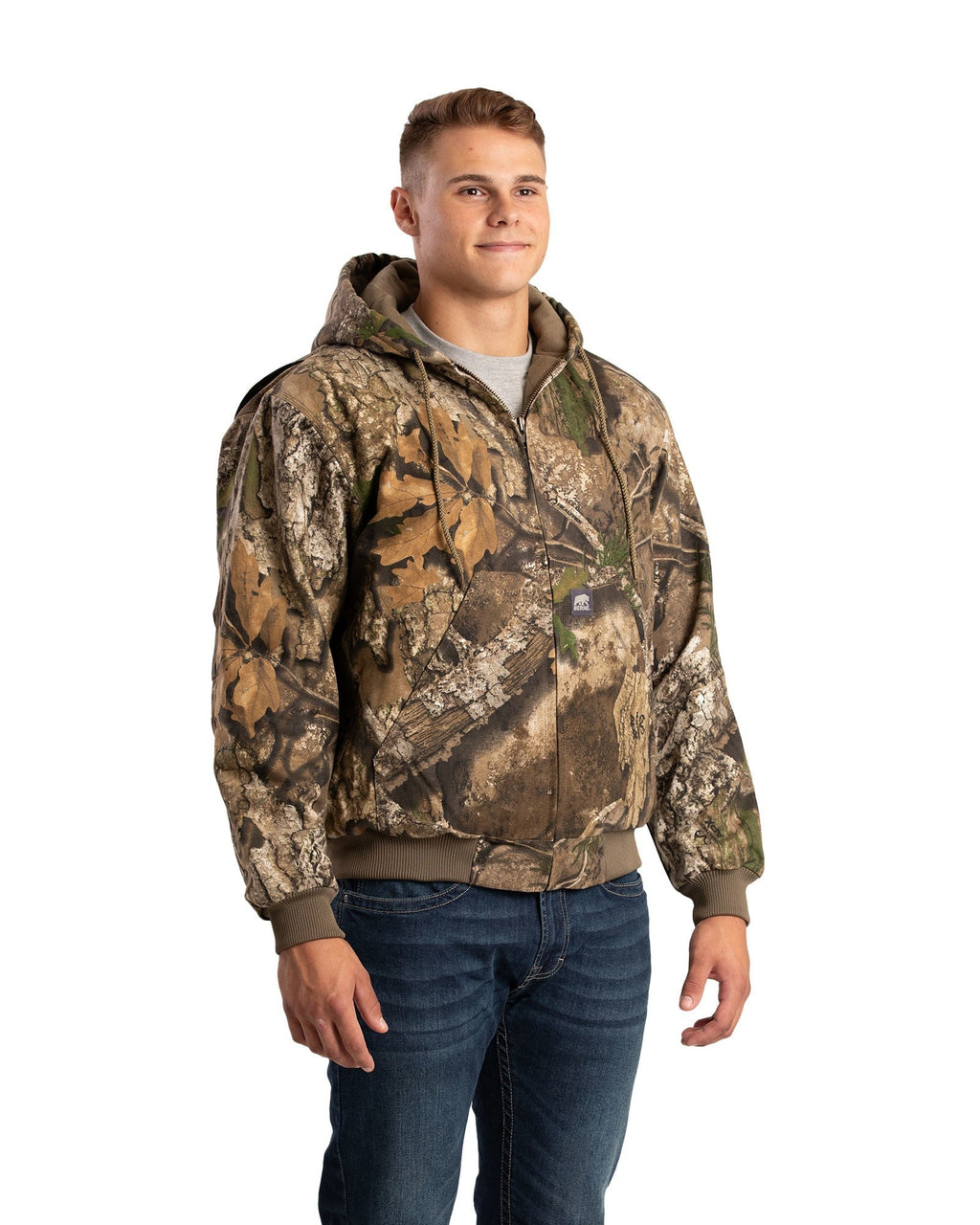 Product photo of camouflage hooded duck work jacket