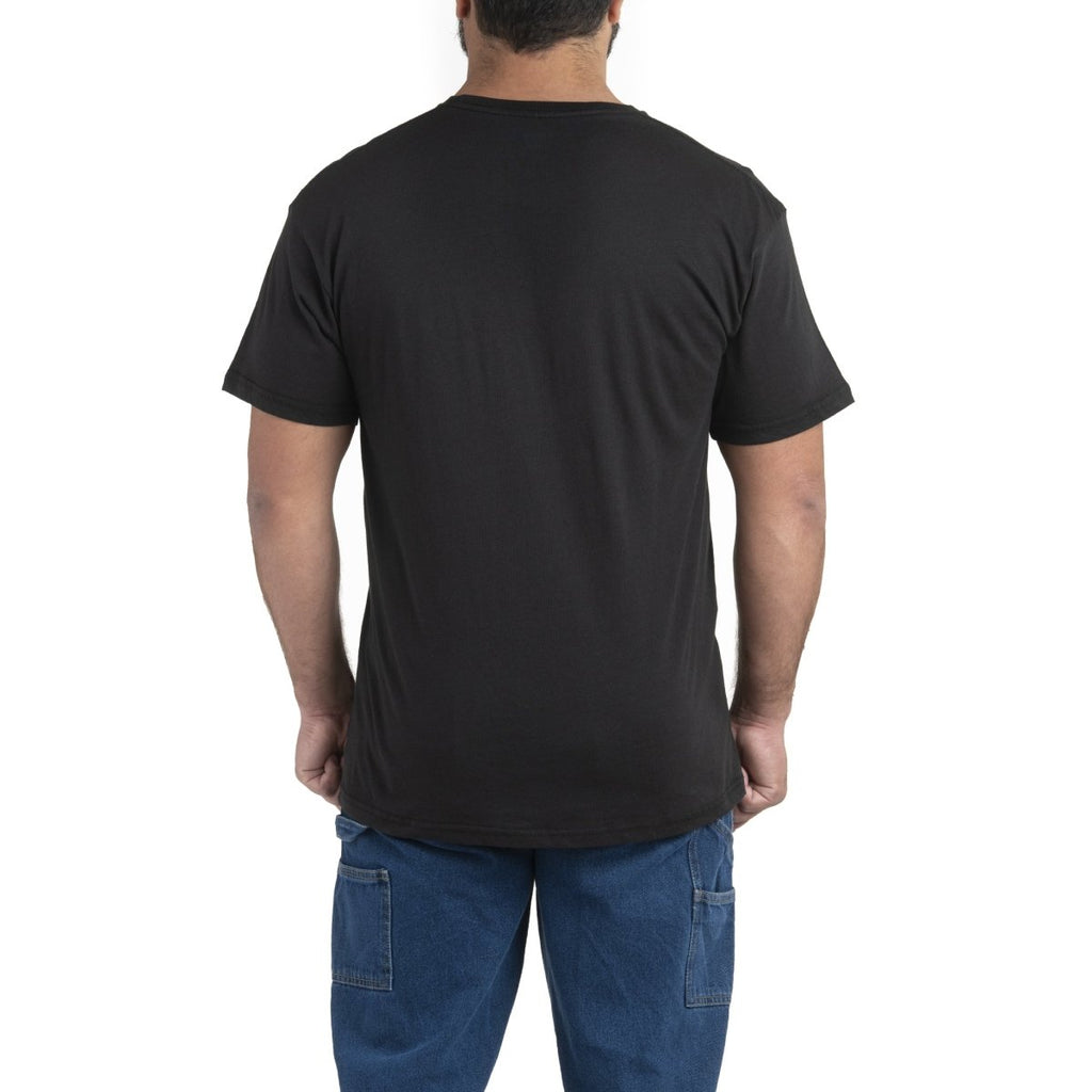 Product photo of black tee with a printed graphic, alternate shot