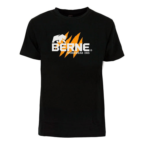 Product photo of black tee with a printed graphic, alternate shot