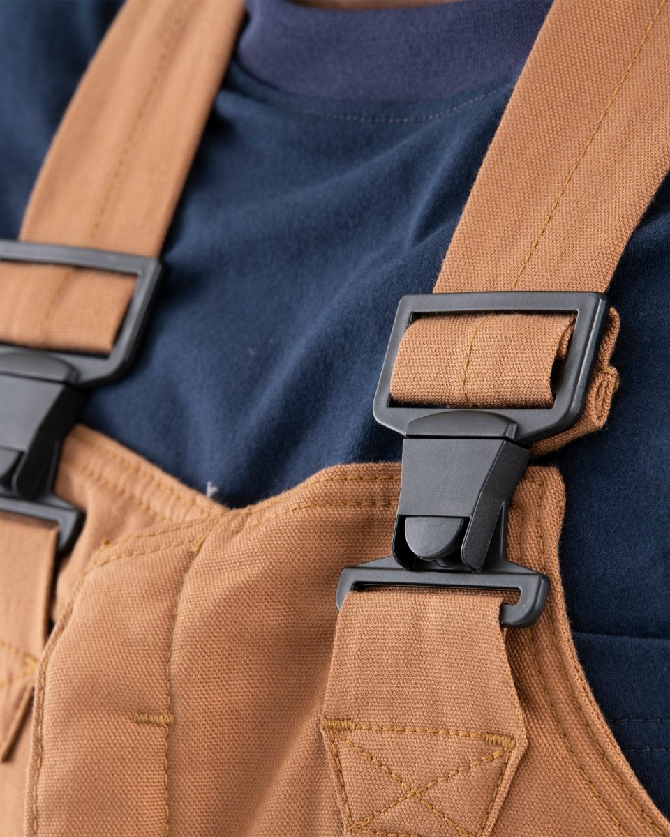 Product photo of flame resistant insulated duck bib overalls, alternate shot