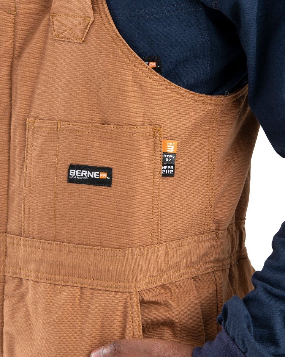 Product photo of flame resistant insulated duck bib overalls, alternate shot