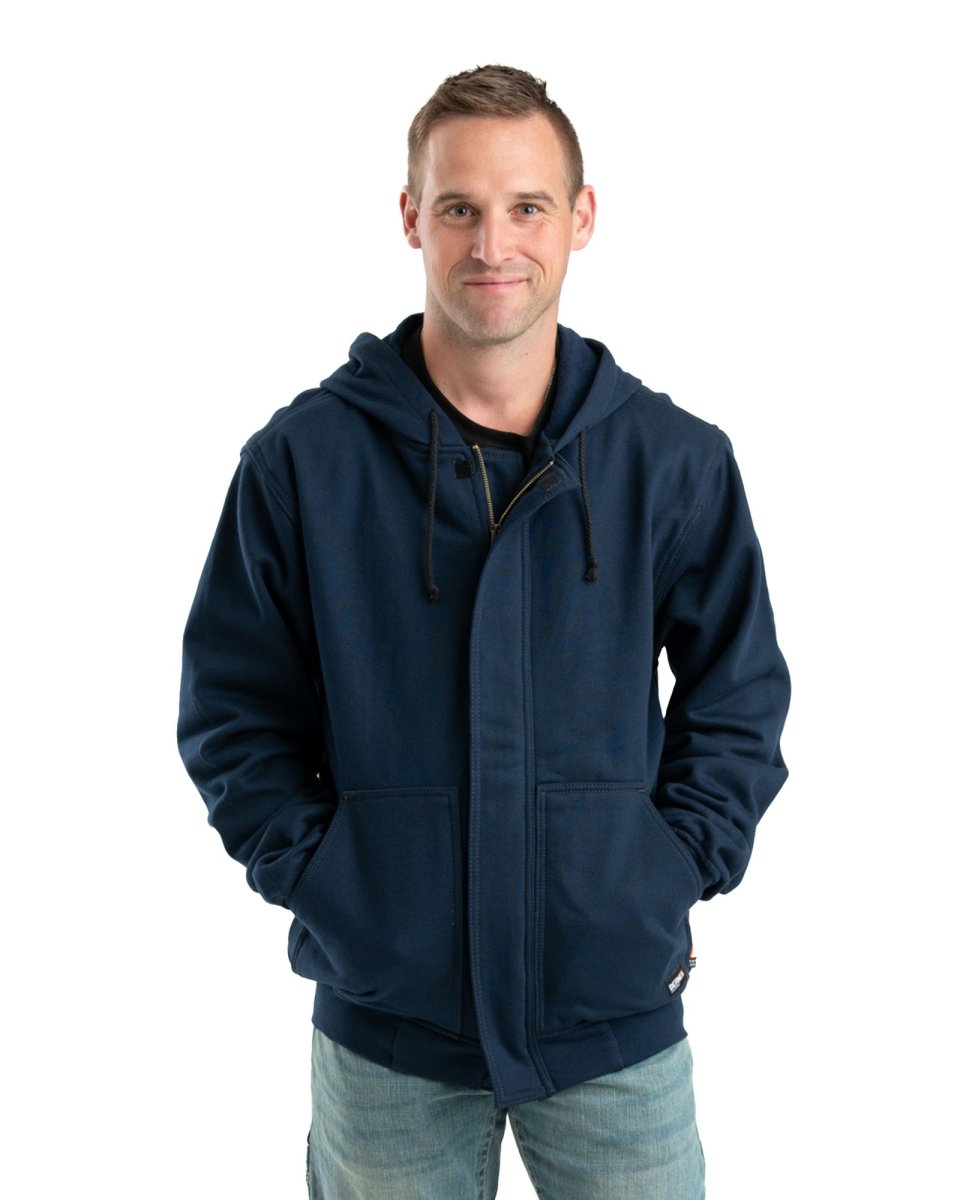Front view of black flame resistant zip front hoodie, alternate shot