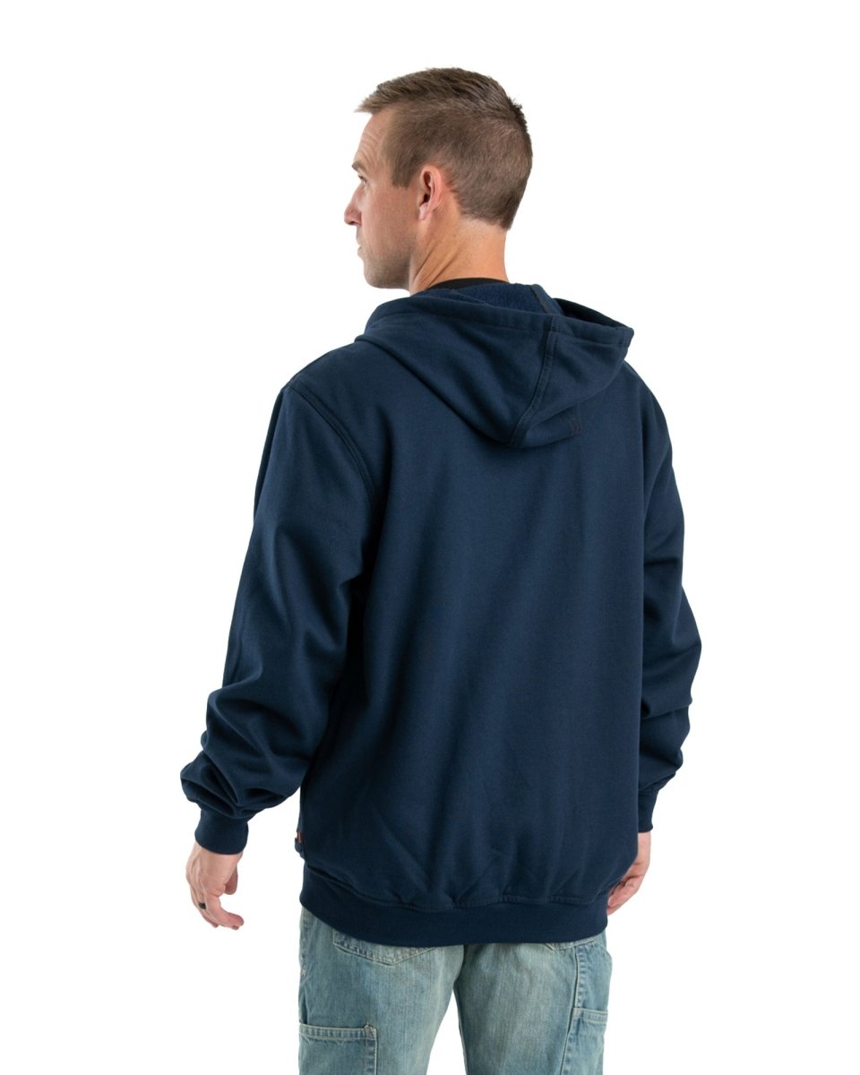 Front view of black flame resistant zip front hoodie, alternate shot