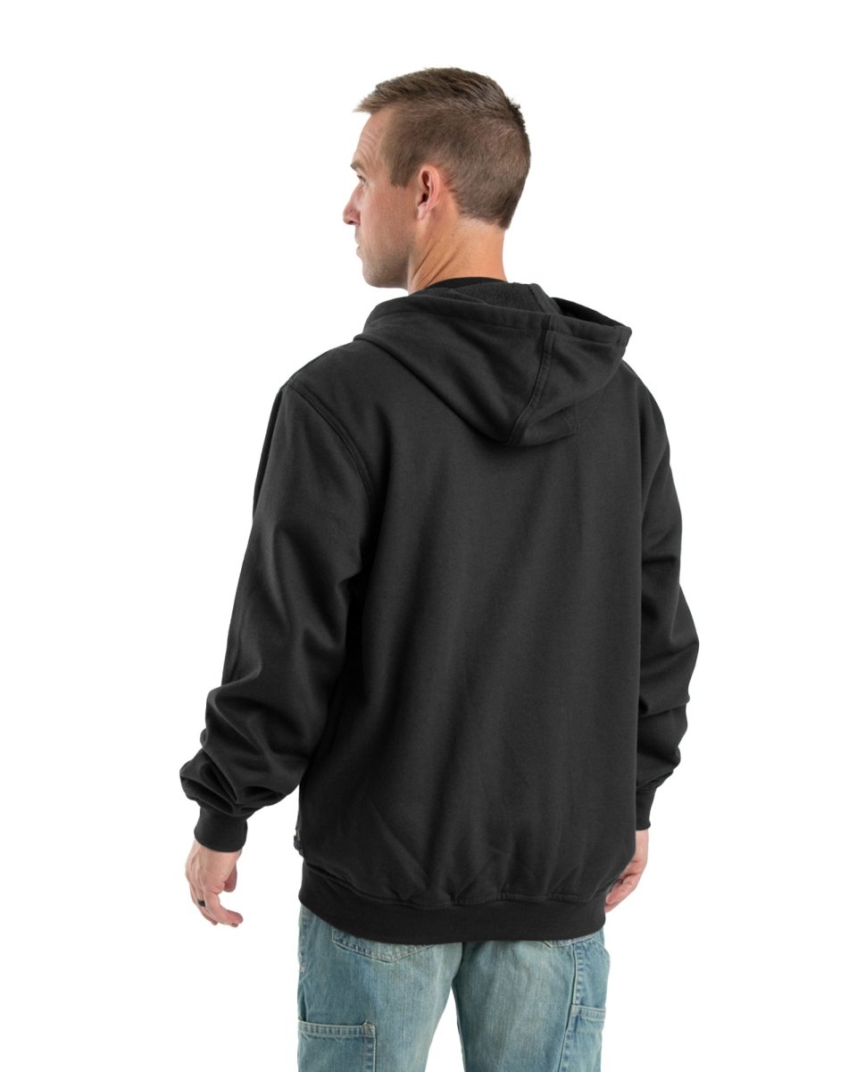 Front view of black flame resistant zip front hoodie, alternate shot