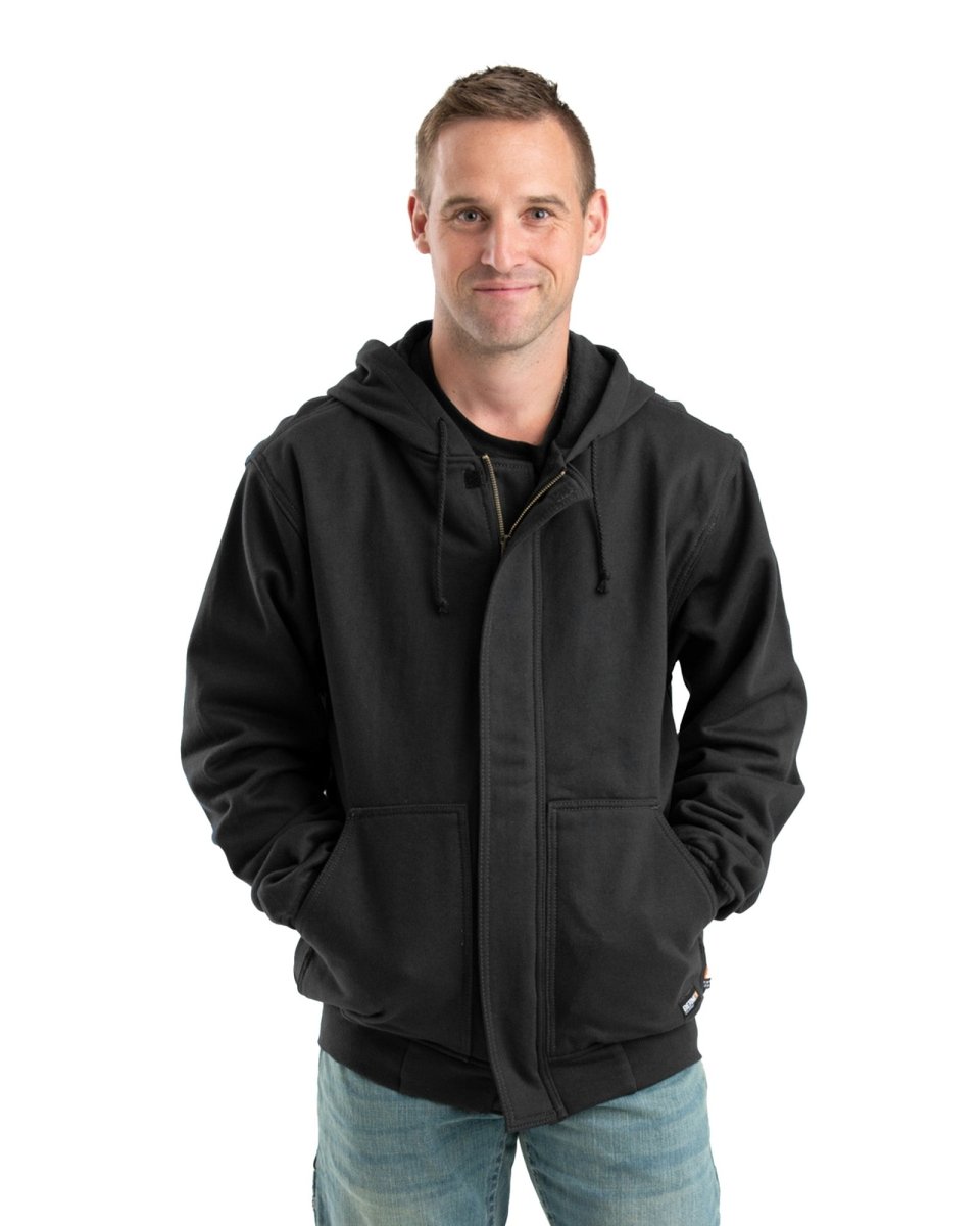 Front view of black flame resistant zip front hoodie