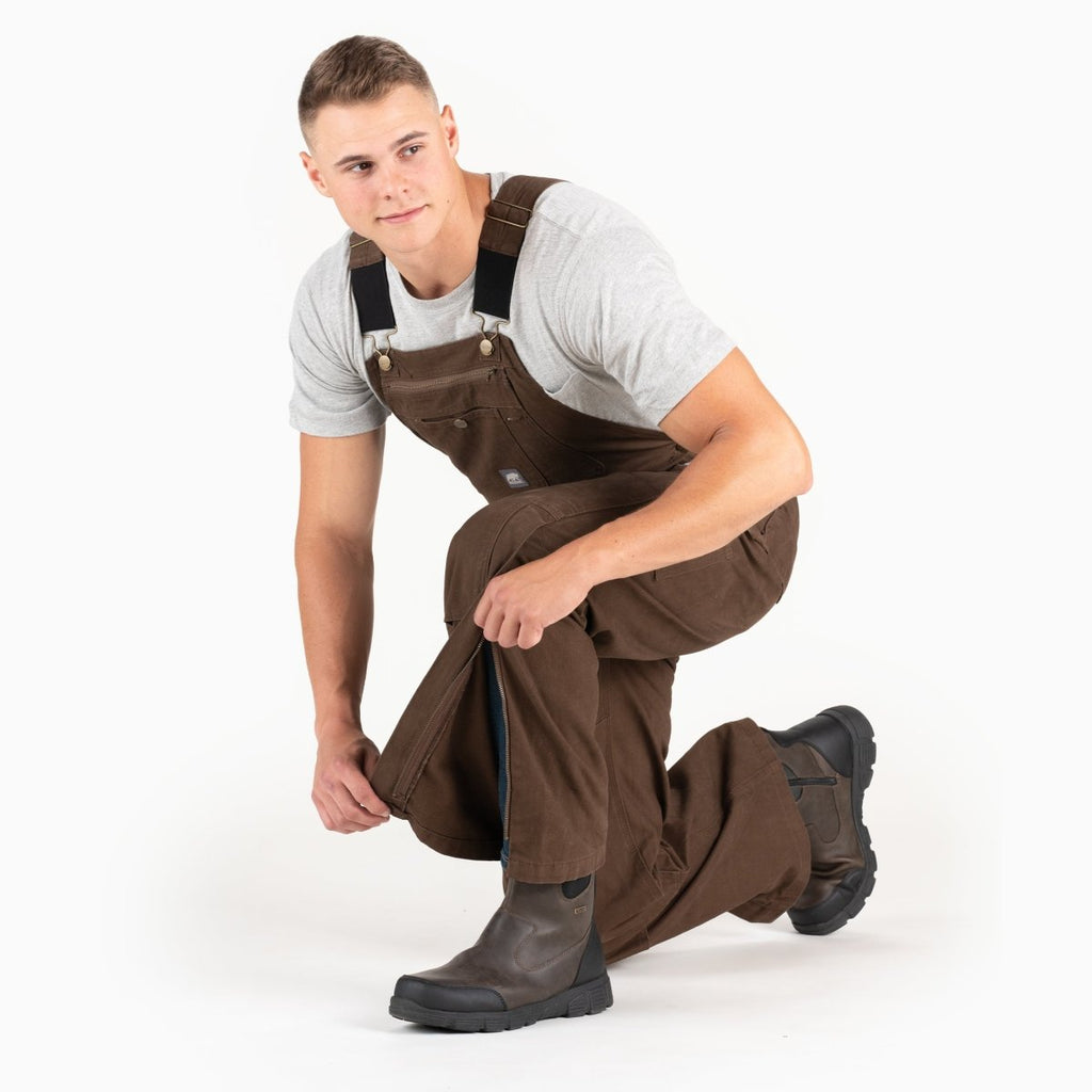 Product photo of unlined washed duck bib overalls, alternate shot