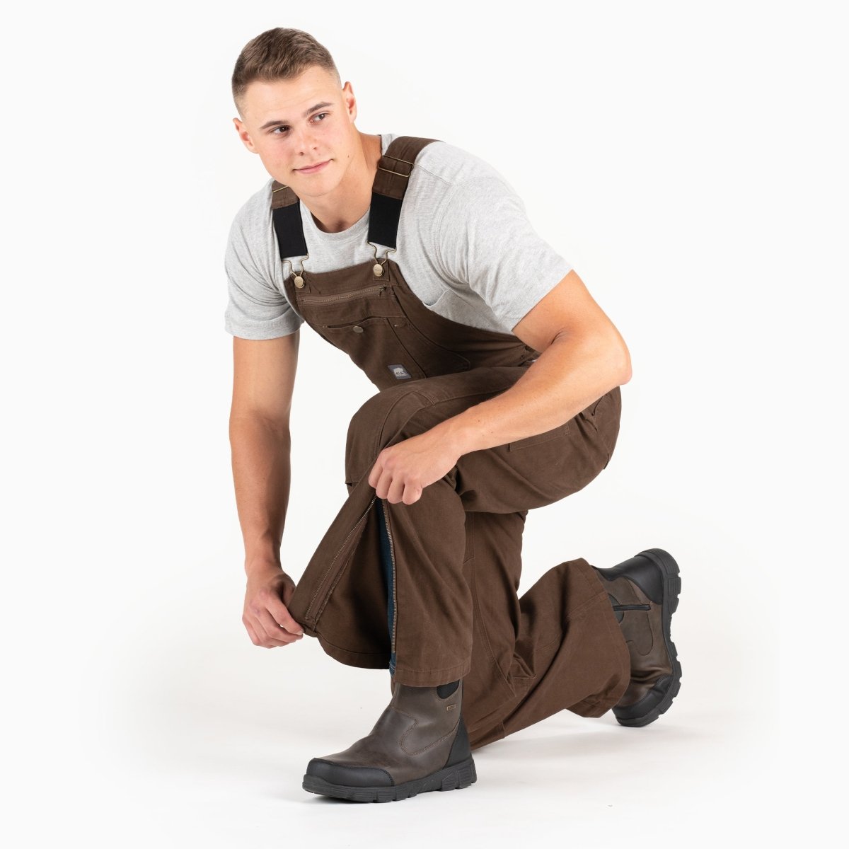 Product photo of unlined washed duck bib overalls, alternate shot