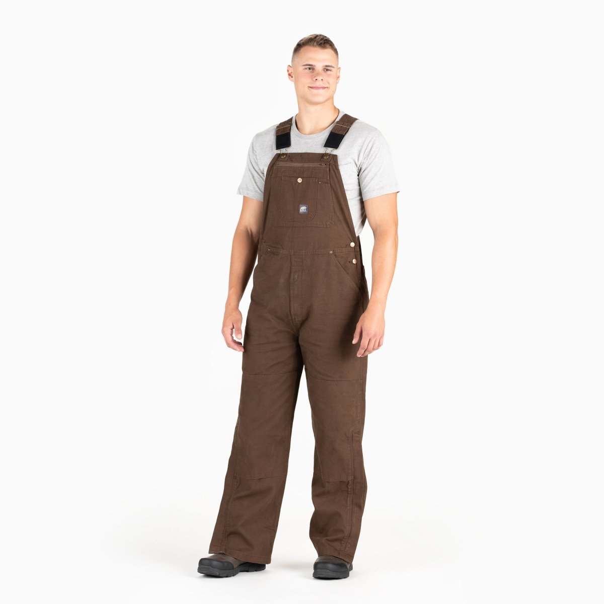 Product photo of unlined washed duck bib overalls, alternate shot