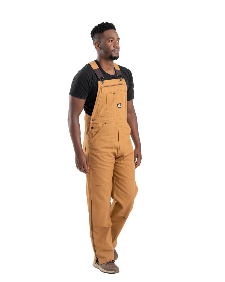 Product photo of unlined brown duck bib overalls, alternate shot
