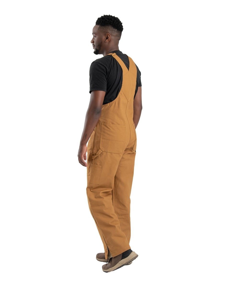 Product photo of unlined brown duck bib overalls, alternate shot