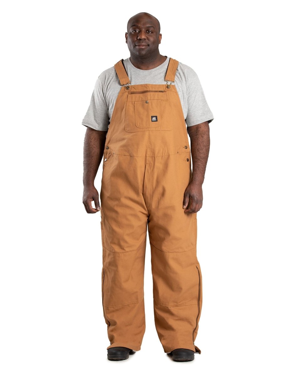 Product photo of unlined brown duck bib overalls, alternate shot